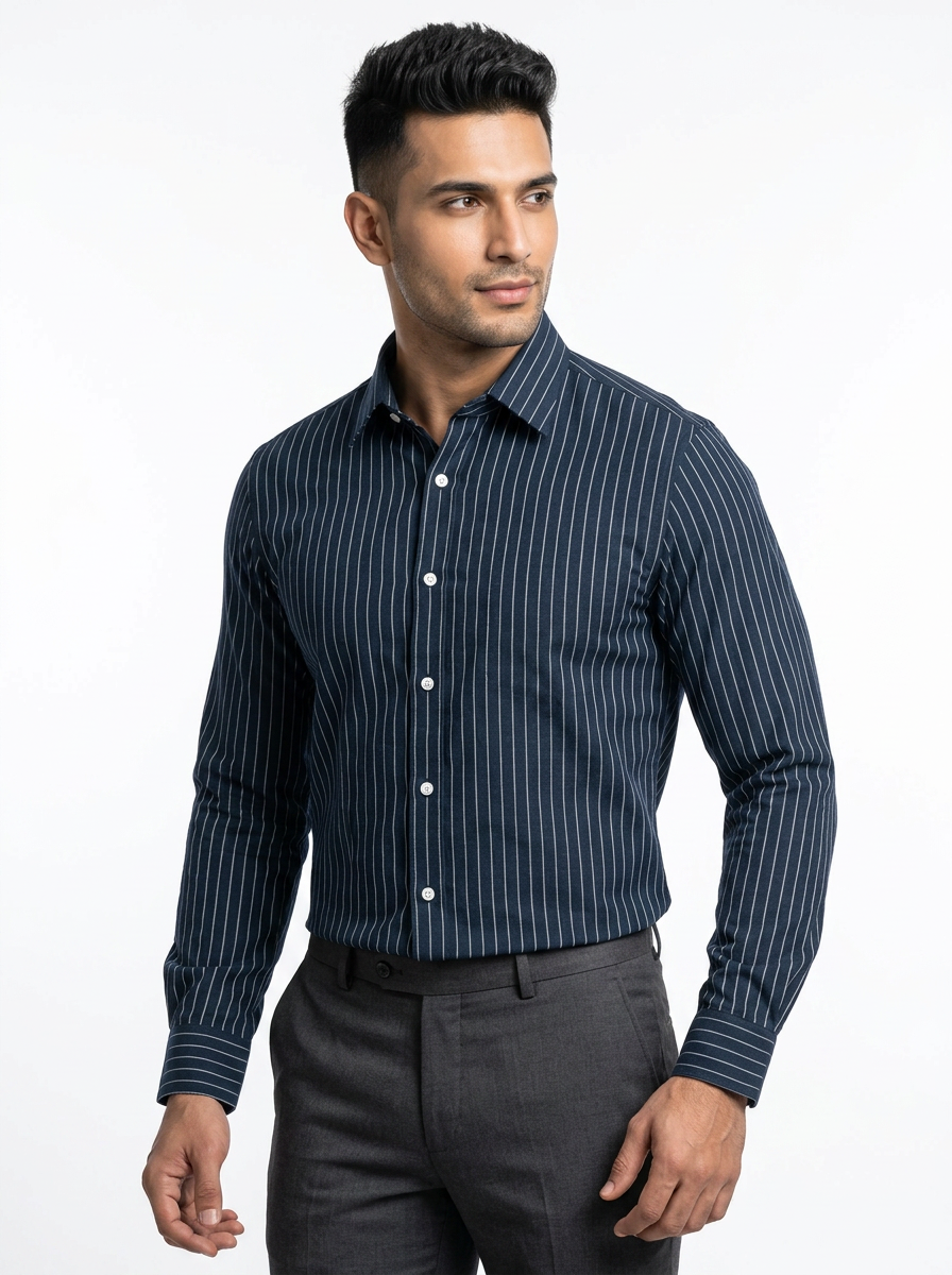 Men's Navy Blue Pinstripe Regular Fit Formal Shirt | Full & Half Sleeve