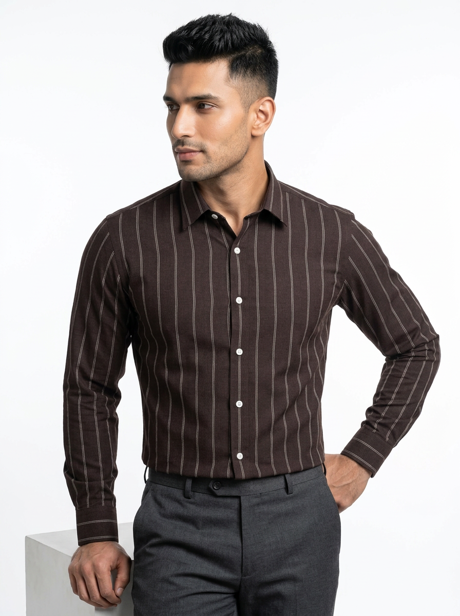 Men's Dark Brown Pinstripe Formal Shirt Regular Fit | Full & Half Sleeve Secondary image