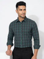 Men's Charcoal Grey & Emerald Green Checked Regular Fit Formal Shirt | Full & Half Sleeve