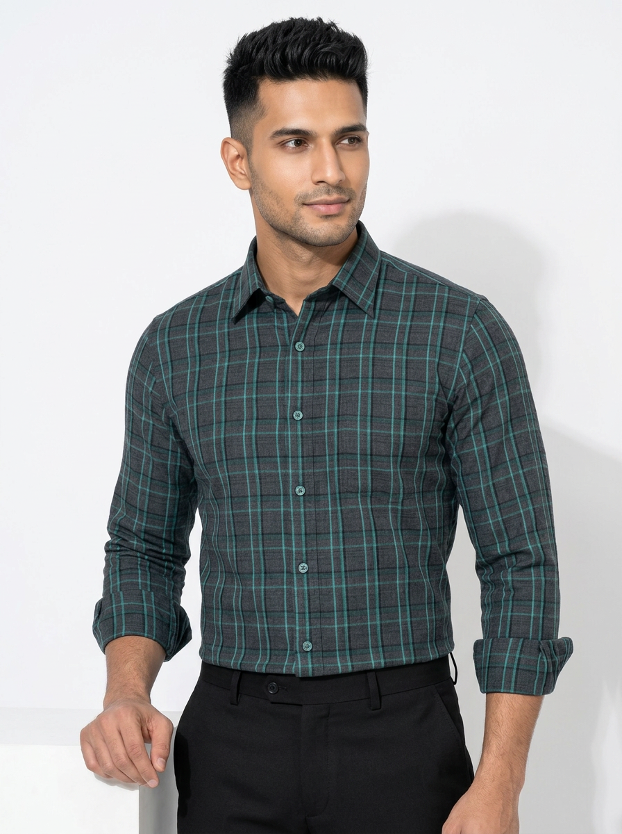 Men's Charcoal Grey & Emerald Green Checked Regular Fit Formal Shirt | Full & Half Sleeve