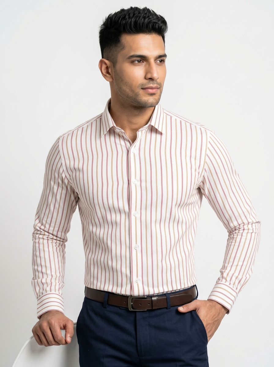 Men's White Red & Mustard Striped Regular Fit Formal Shirt | Full & Half Sleeve