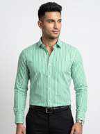 Men's Mint Green & White Vertical Striped Regular Fit Formal Shirt | Full & Half Sleeve