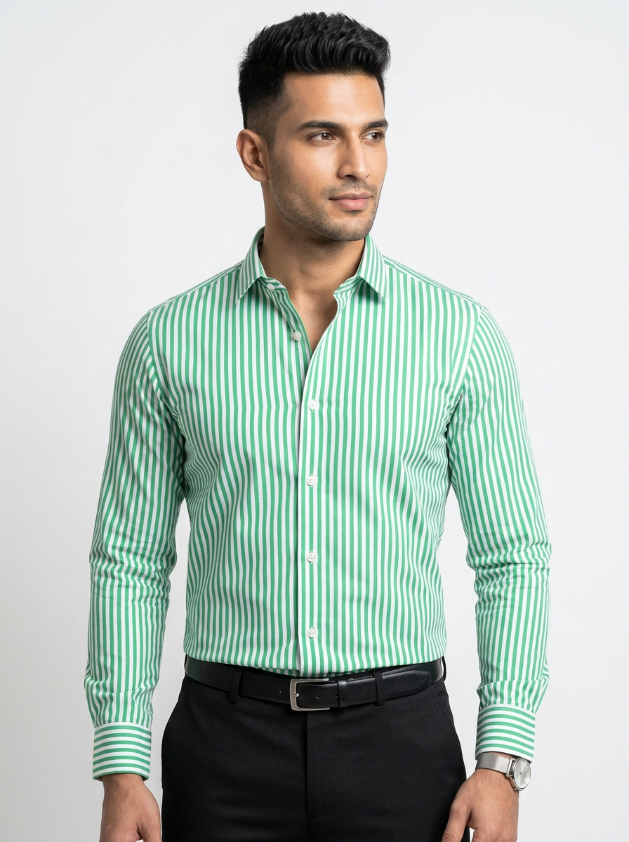 Men's Mint Green & White Vertical Striped Regular Fit Formal Shirt | Full & Half Sleeve
