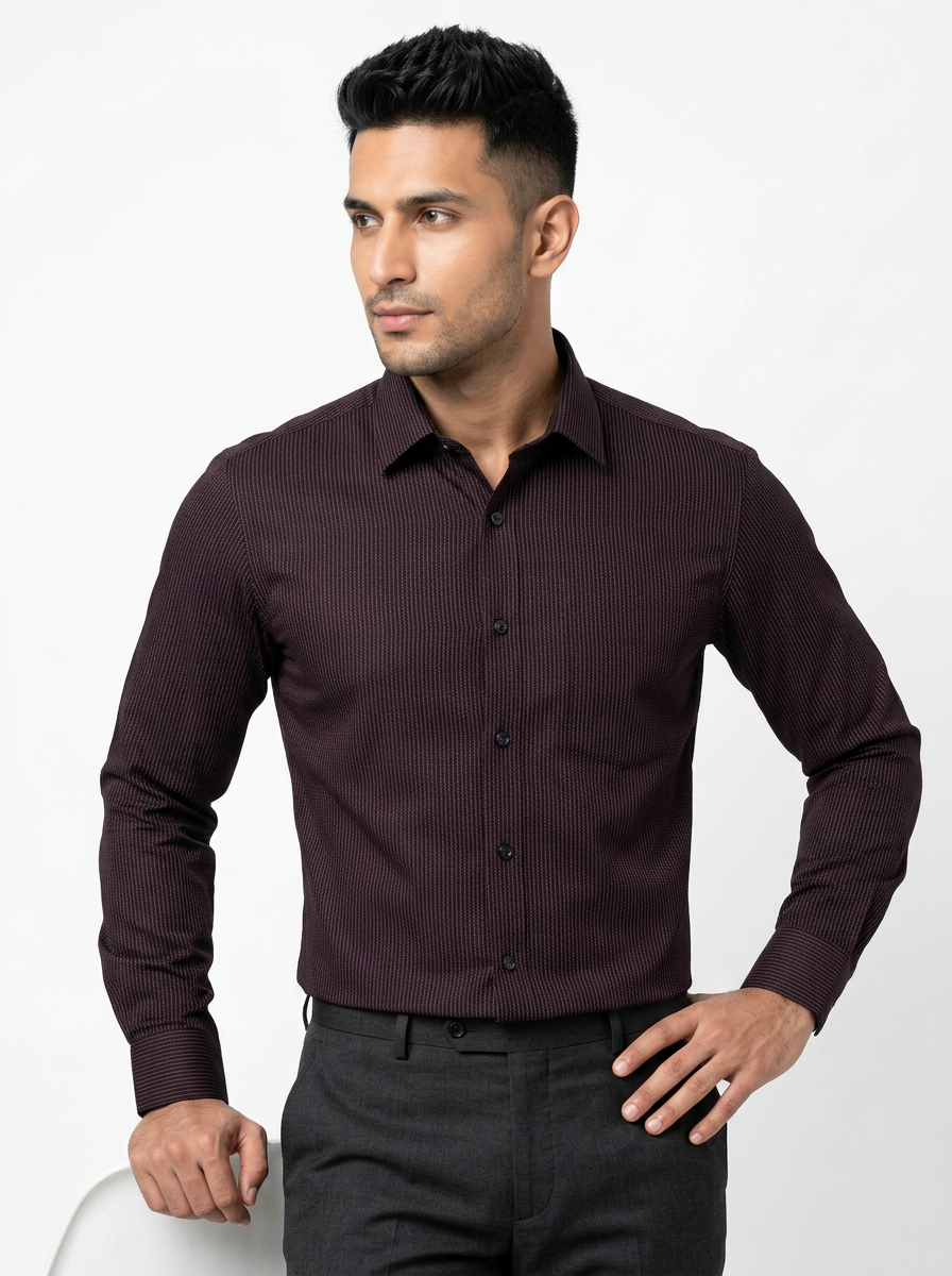 Men's Wine Micro Pinstripe Formal Shirt Regular Fit | Full & Half Sleeve