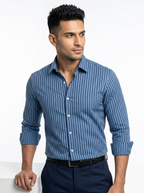 Men's Steel Blue & Navy Vertical Striped Regular Fit Formal Shirt | Full & Half Sleeve