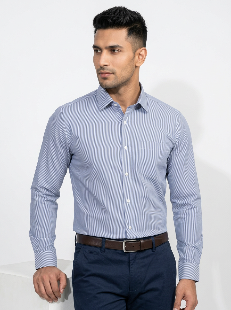 Men's White & Navy Blue Pinstripe Regular Fit Formal Shirt | Full & Half Sleeve Secondary image