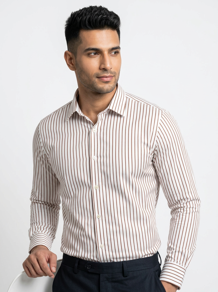 Men’s White & Brown Vertical Stripe Regular Fit Formal Casual Shirt, Full & Half Sleeve