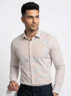 Men’s White & Brown Vertical Stripe Regular Fit Formal Casual Shirt, Full & Half Sleeve