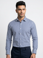 Men’s Royal Blue & White Vertical Stripe Regular Fit Formal Casual Shirt, Full & Half Sleeve