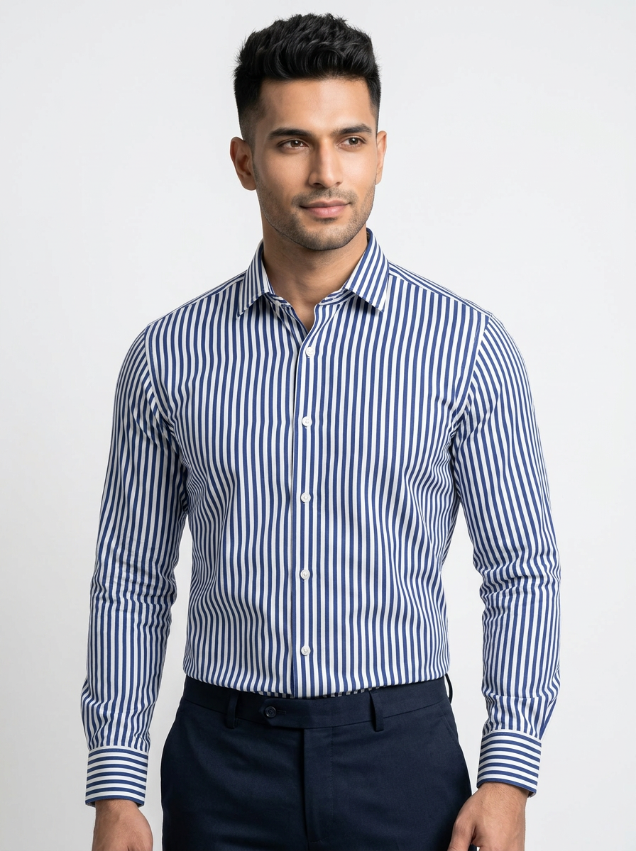 Men’s Royal Blue & White Vertical Stripe Regular Fit Formal Casual Shirt, Full & Half Sleeve