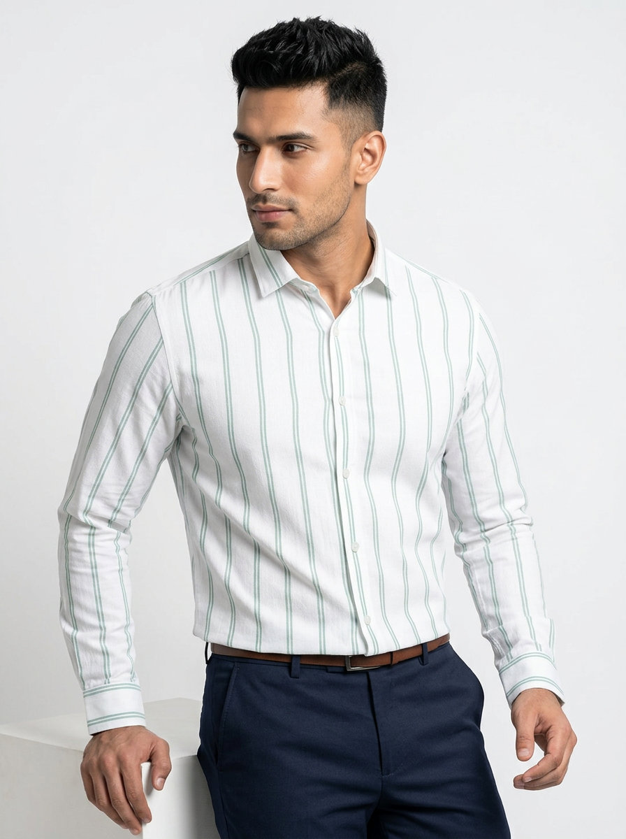Men's White & Mint Green Striped Regular Fit Formal Shirt | Full & Half Sleeve Secondary image