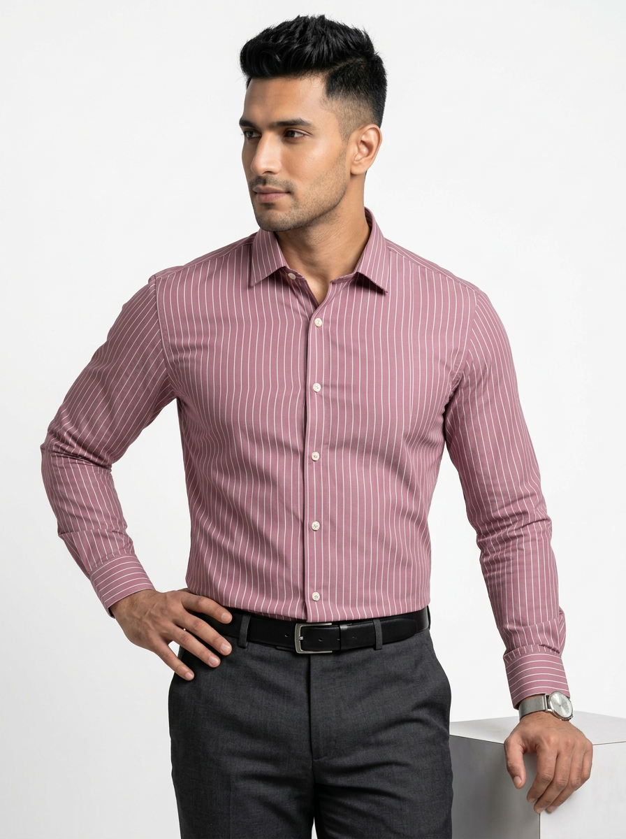 Men's Dusty Rose Pink & White Striped Regular Fit Formal Shirt | Full & Half Sleeve