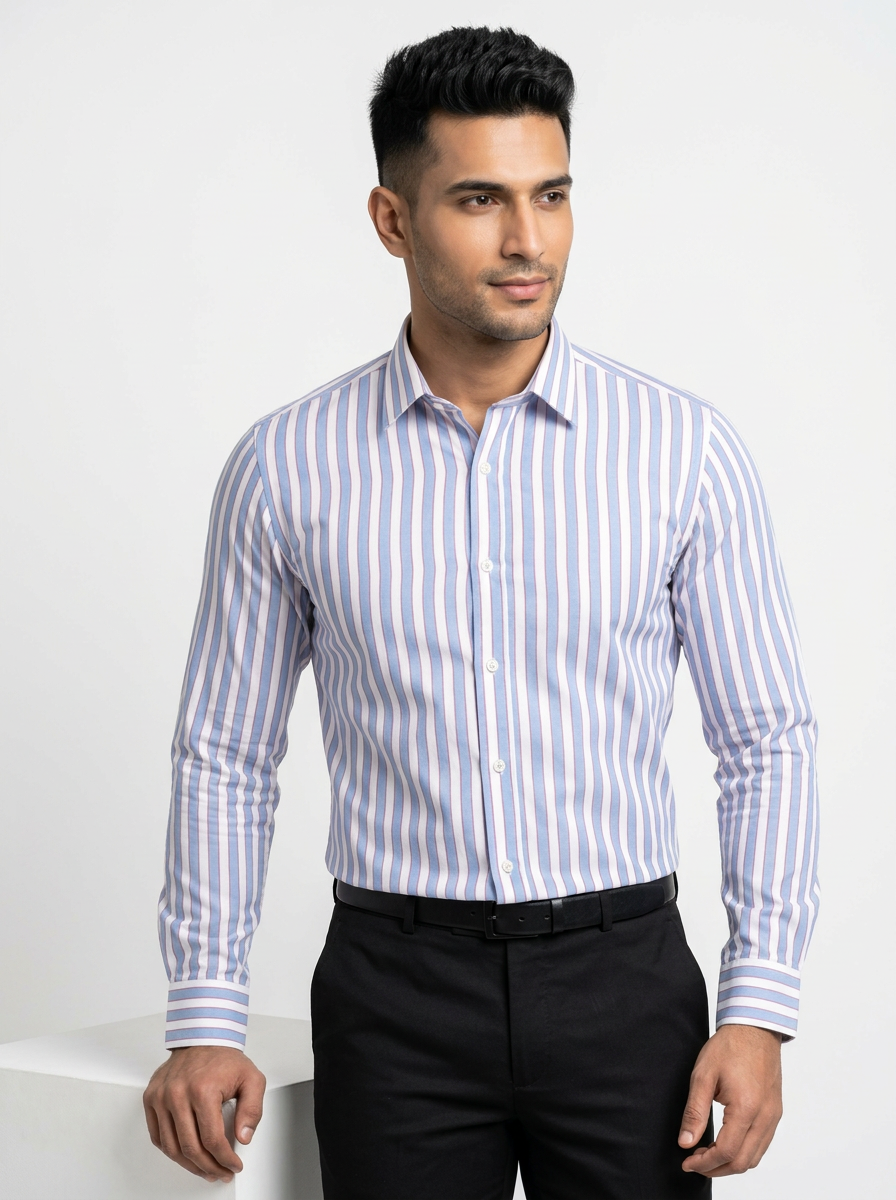 Men's Sky Blue & White Vertical Striped Regular Fit Formal Shirt | Full & Half Sleeve