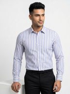 Men's Sky Blue & White Vertical Striped Regular Fit Formal Shirt | Full & Half Sleeve
