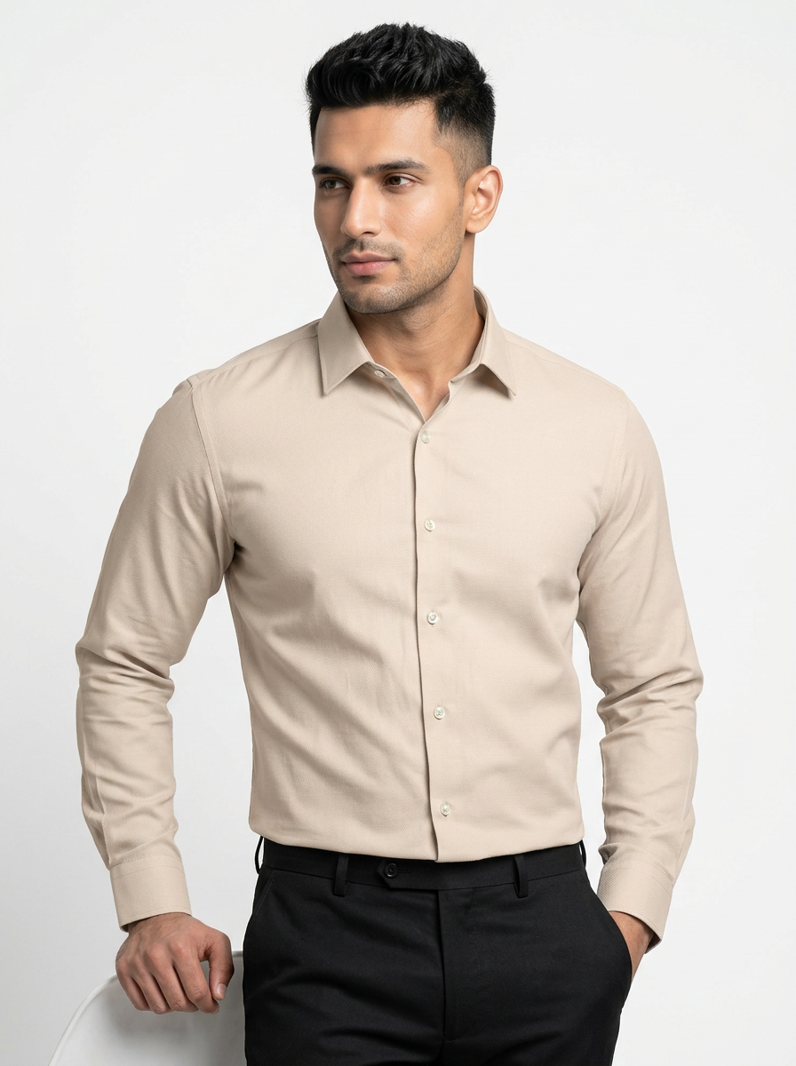 Men’s Cream Beige Textured Regular Fit Formal Casual Shirt, Full & Half Sleeve