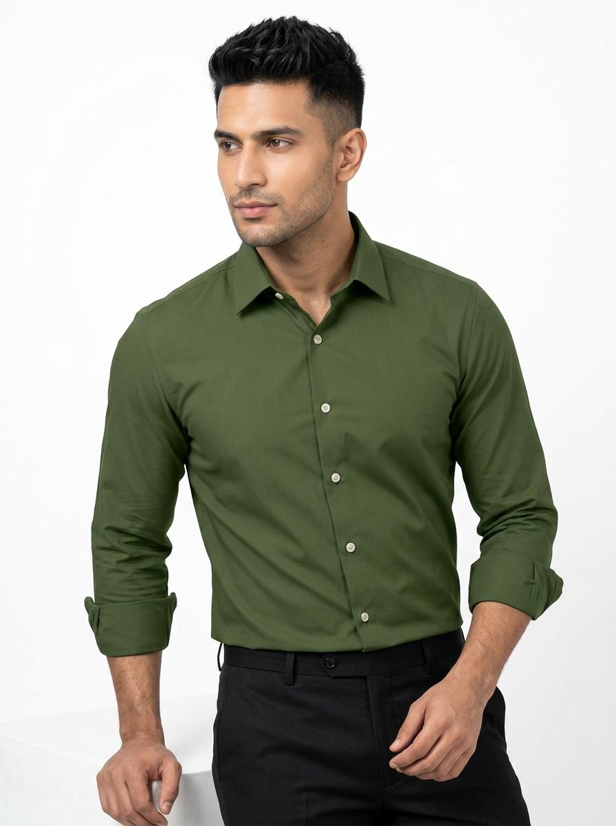 Men’s Army Olive Green Solid Regular Fit Formal Casual Shirt, Full & Half Sleeve