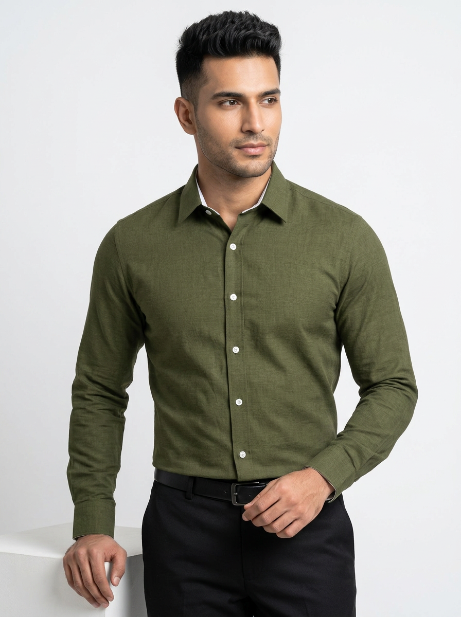 Men’s Olive Green Solid Textured Shirt, Regular Fit Formal Casual Full Sleeve