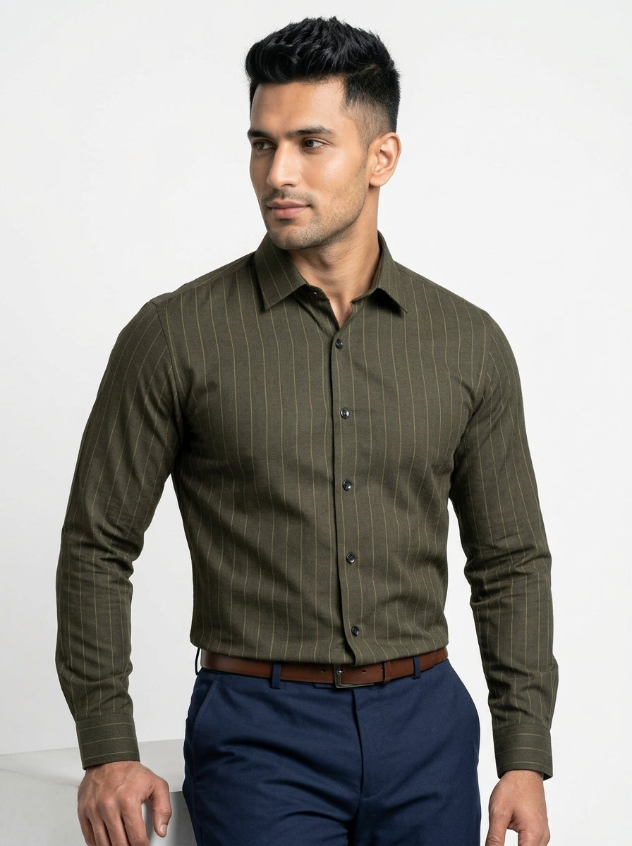Men's Dark Olive Green Pinstripe Shirt Regular Fit Premium Formal Business Casual Wear