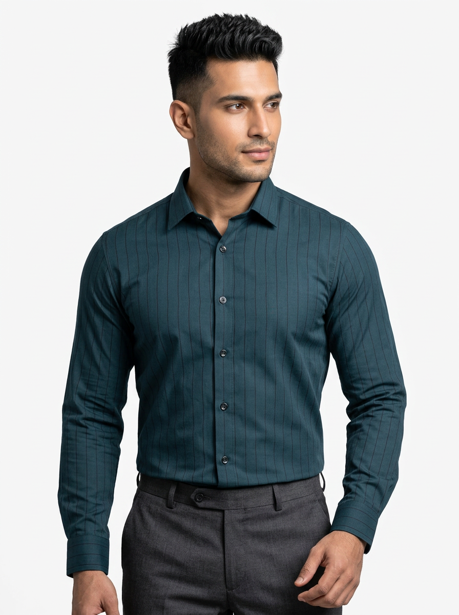 Men's Deep Teal Green Pinstripe Shirt Regular Fit Premium Formal Business Casual Wear Secondary image