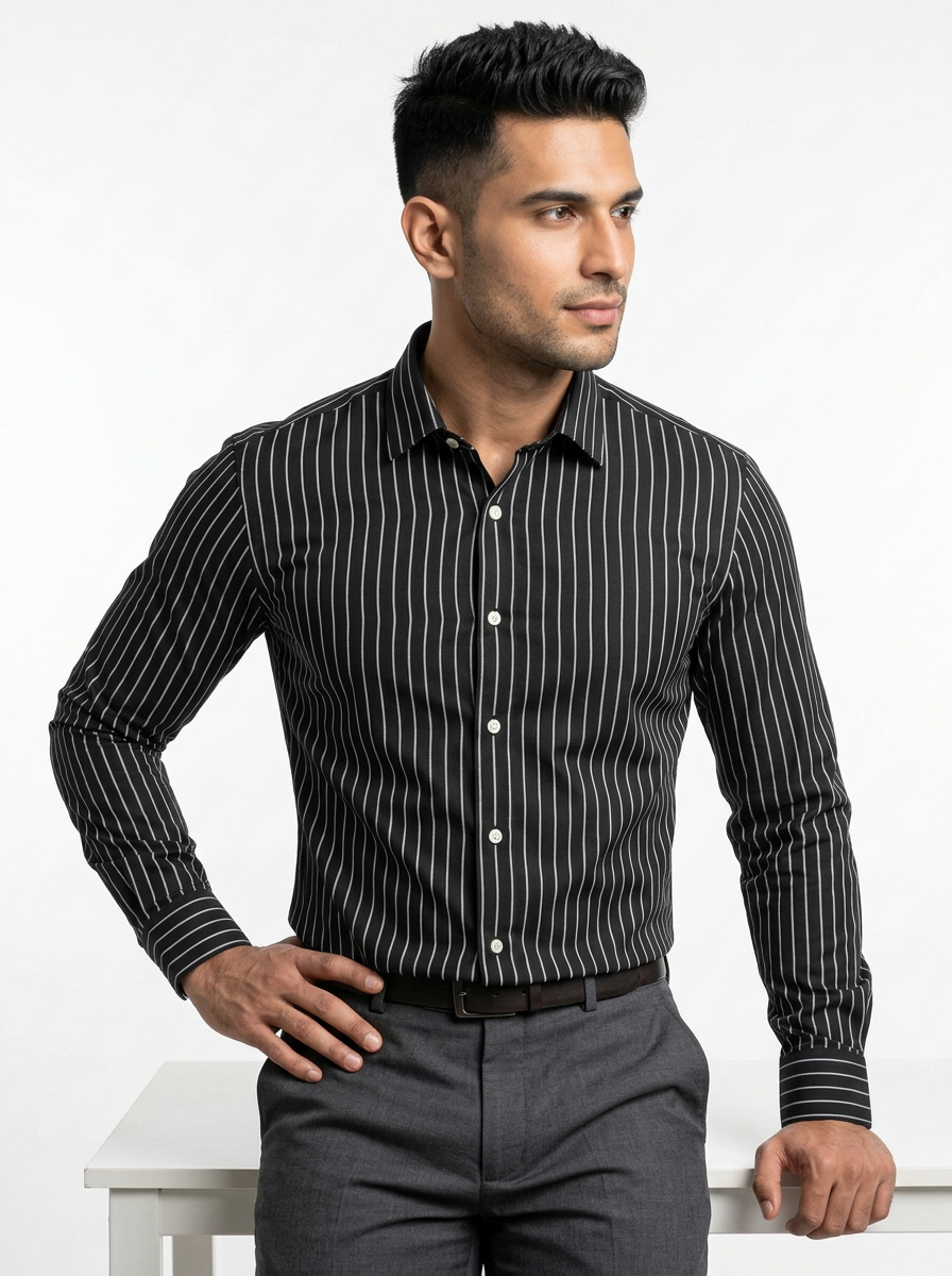 Men’s Black & Grey Pinstripe Regular Fit Formal Casual Shirt, Full & Half Sleeve