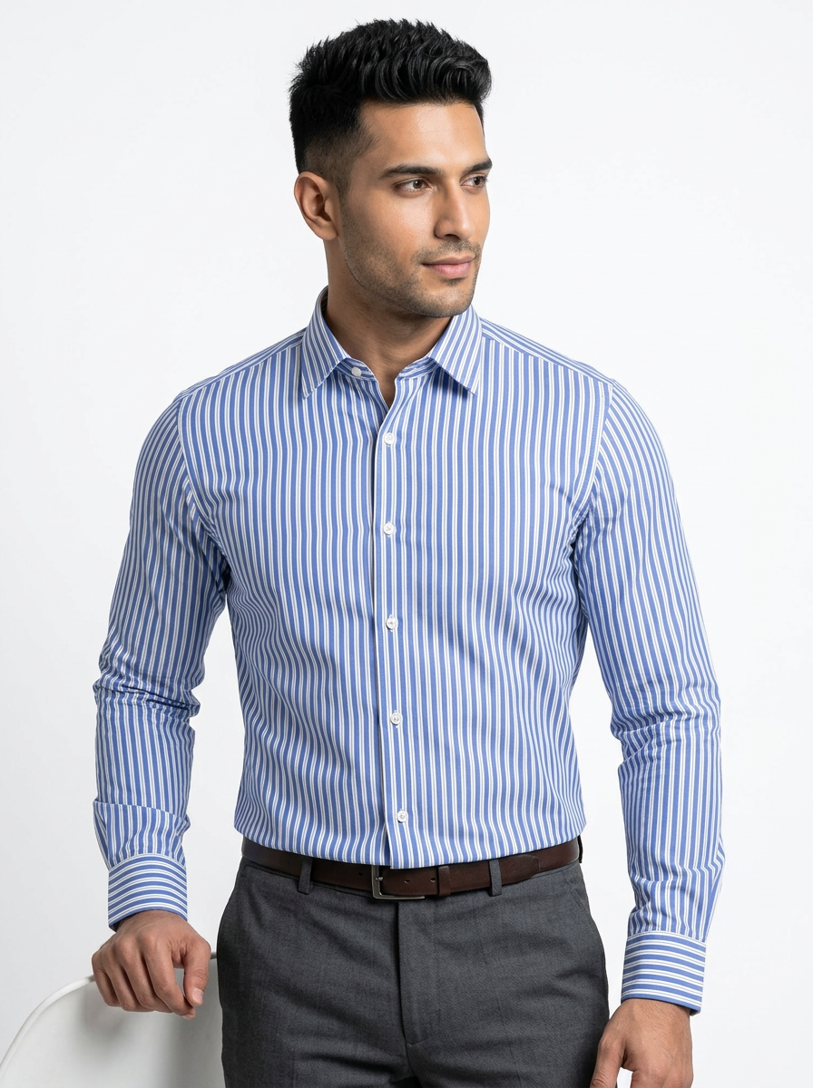Men's White & Royal Blue Striped Regular Fit Formal Shirt | Full & Half Sleeve