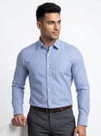 Men's White & Royal Blue Striped Regular Fit Formal Shirt | Full & Half Sleeve