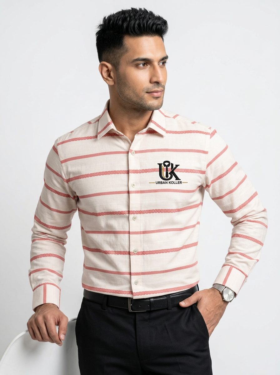 Men's Off White & Coral Red Windowpane Checked Regular Fit Formal Shirt | Full & Half Sleeve