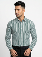 Men's White & Forest Green Striped Regular Fit Formal Shirt | Full & Half Sleeve