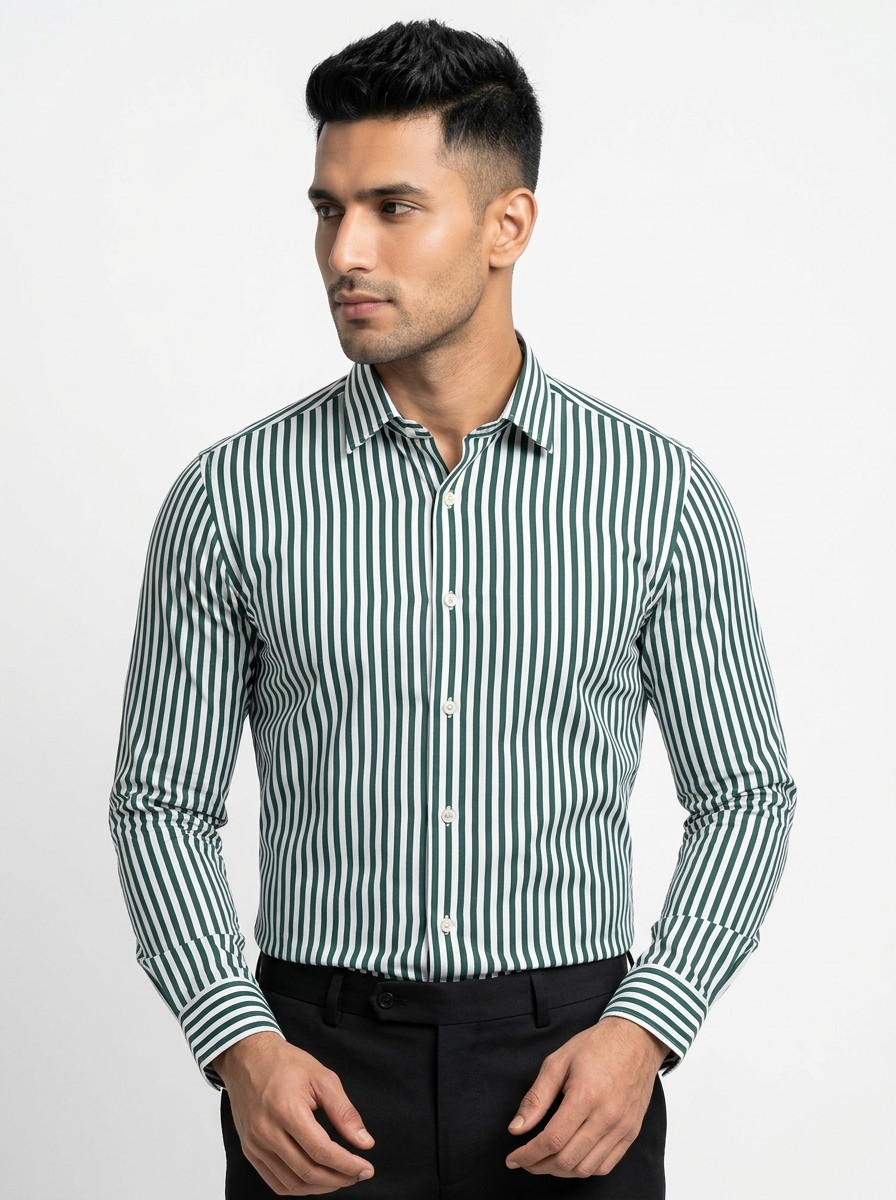 Men's White & Forest Green Striped Regular Fit Formal Shirt | Full & Half Sleeve