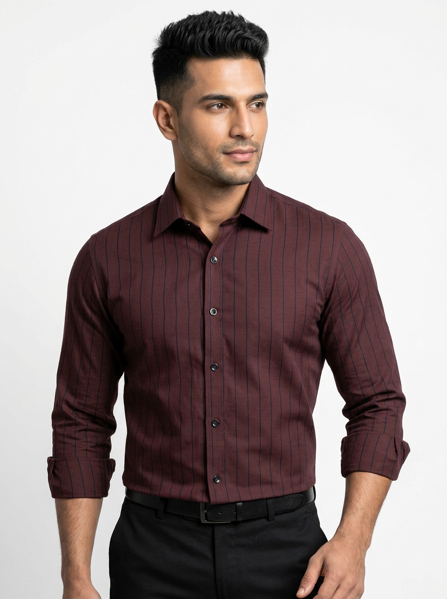 Men's Coffee Brown Pinstripe Formal Shirt Regular Fit | Full & Half Sleeve