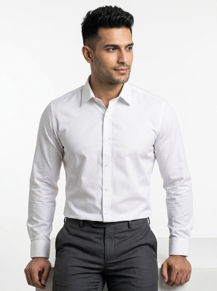 Men’s Bright White Solid Regular Fit Formal Casual Shirt, Full & Half Sleeve