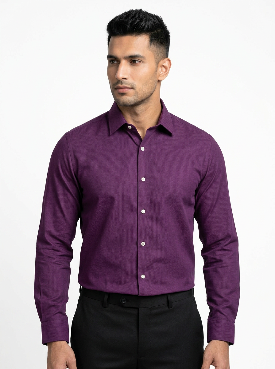 Men’s Royal Plum Purple Textured Regular Fit Formal Casual Shirt, Full & Half Sleeve