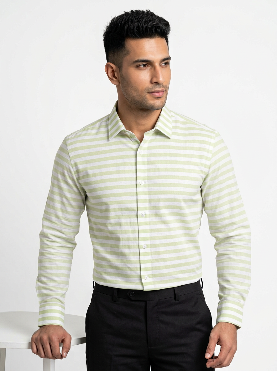 Men's Pastel Green Stripe Formal Shirt Regular Fit | Full & Half Sleeve