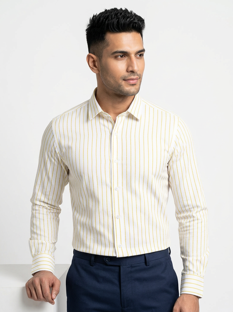 Men's White Yellow Pinstripe Regular Fit Formal Shirt | Full & Half Sleeve Secondary image