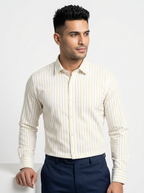 Men's White Yellow Pinstripe Regular Fit Formal Shirt | Full & Half Sleeve