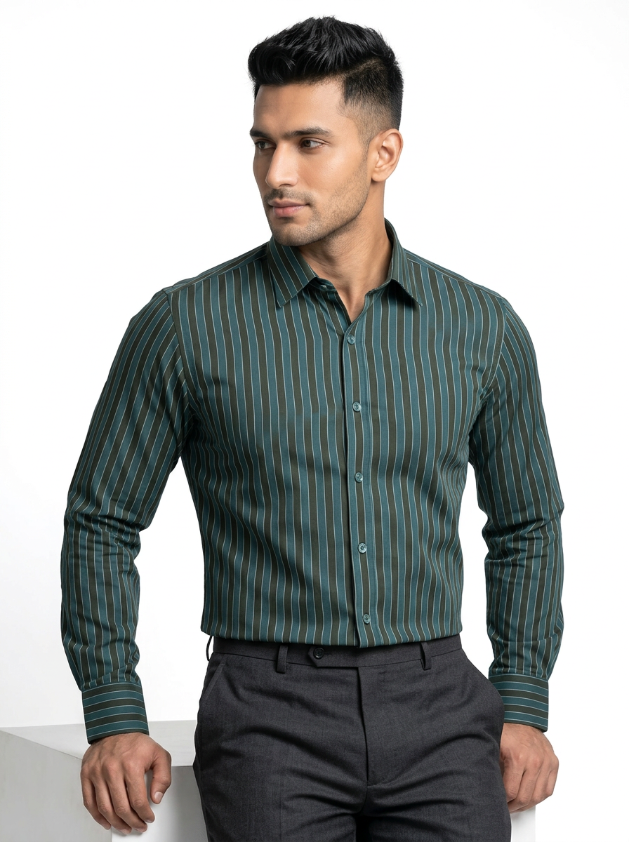 Men's Teal Green & Olive Vertical Striped Regular Fit Formal Shirt | Full & Half Sleeve Secondary image