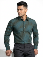 Men's Teal Green & Olive Vertical Striped Regular Fit Formal Shirt | Full & Half Sleeve