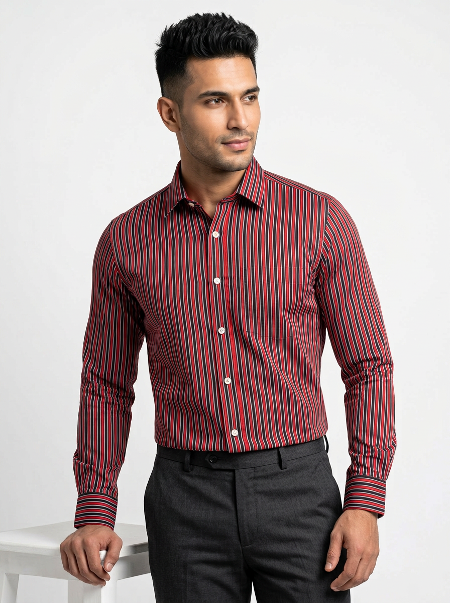 Men's Black, Red & White Pinstriped Regular Fit Formal Shirt | Full & Half Sleeve