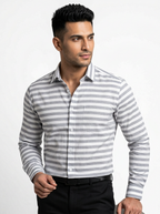 Men's White & Grey Horizontal Striped Regular Fit Formal Shirt | Full & Half Sleeve
