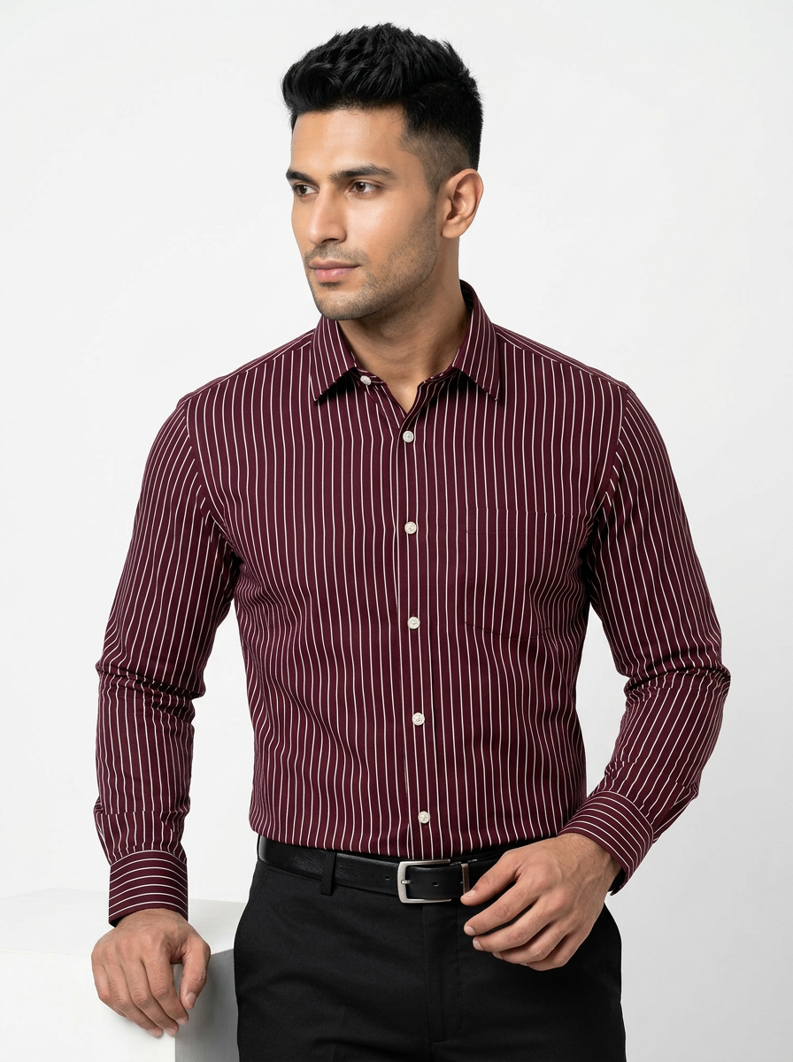 Men's Maroon Pinstripe Formal Shirt Regular Fit | Full & Half Sleeve Secondary image