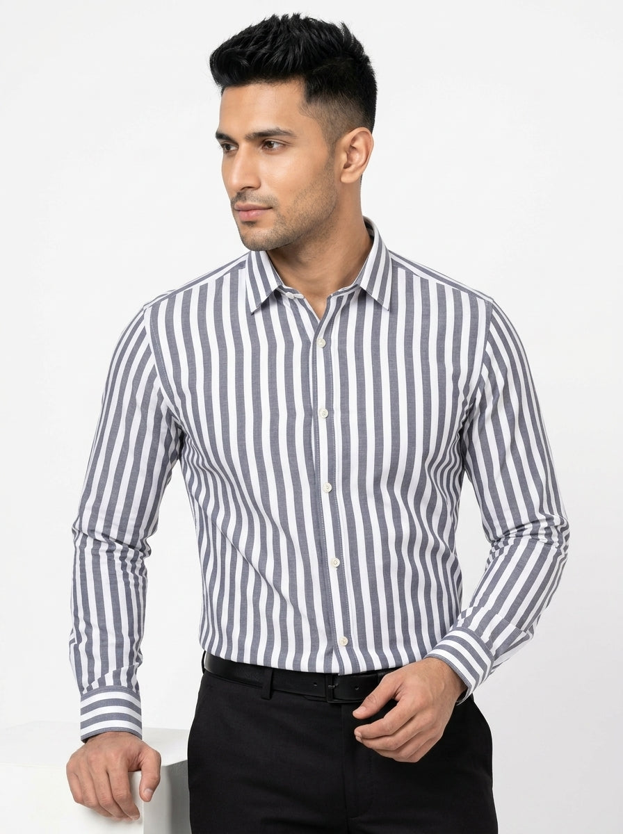 Men's Blue & White Vertical Striped Regular Fit Formal Shirt | Full & Half Sleeve