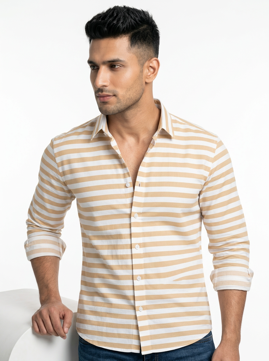 Men's White & Beige Horizontal Striped Regular Fit Formal Shirt | Full & Half Sleeve
