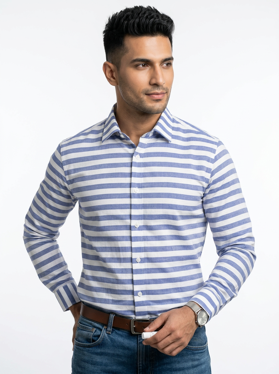 Men's Blue & White Horizontal Stripe Regular Fit Casual Shirt | Full & Half Sleeve Secondary image