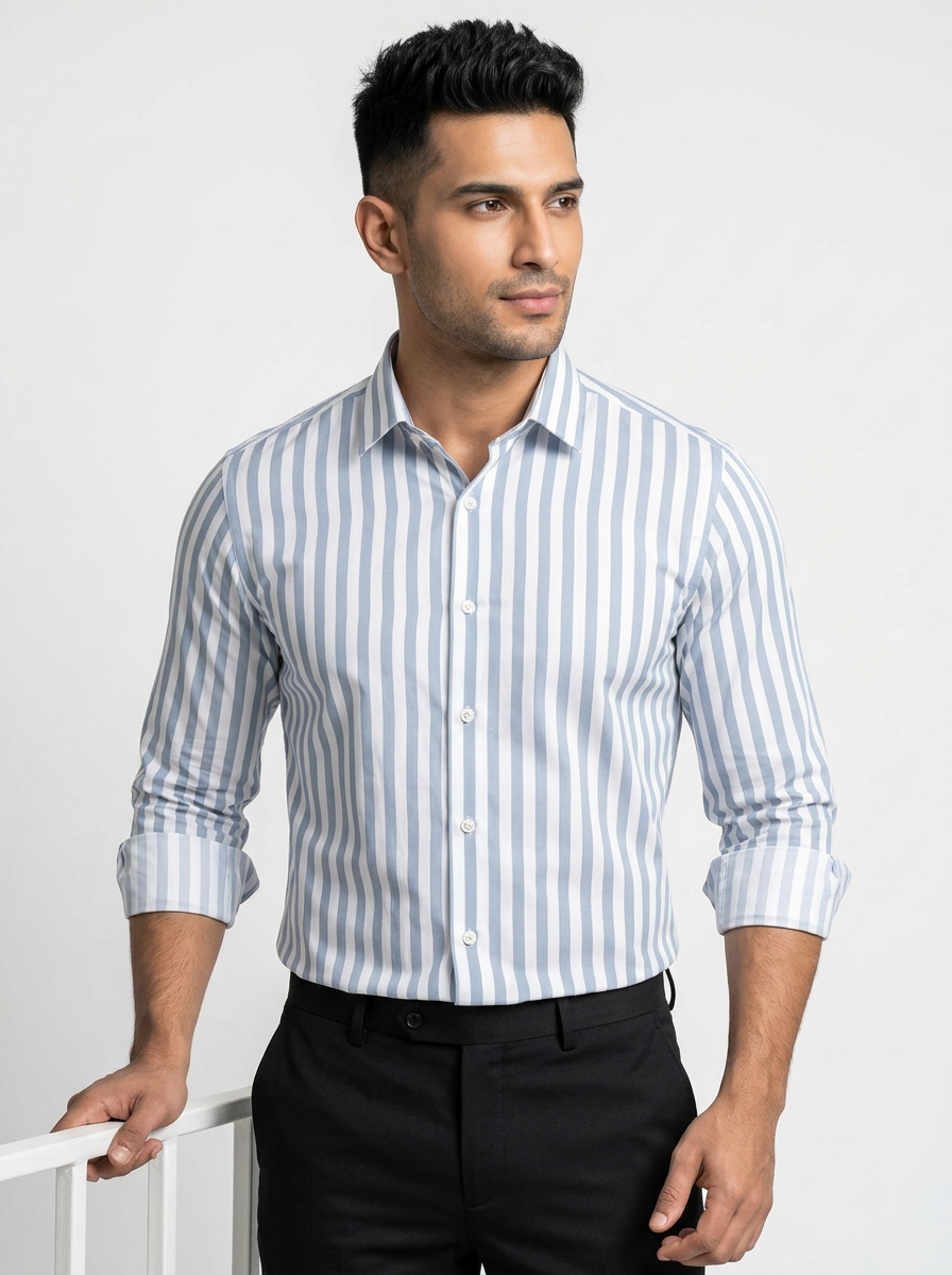 Men's White & Light Grey Striped Regular Fit Formal Shirt | Full & Half Sleeve Secondary image