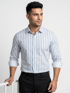 Men's White & Light Grey Striped Regular Fit Formal Shirt | Full & Half Sleeve