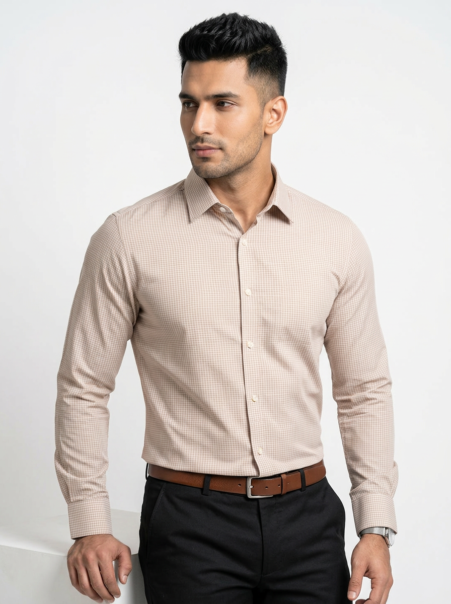 Men’s Light Taupe Beige Micro Check Regular Fit Formal Casual Shirt, Full & Half Sleeve