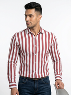 Men's White & Rust Red Striped Regular Fit Formal Shirt | Full & Half Sleeve