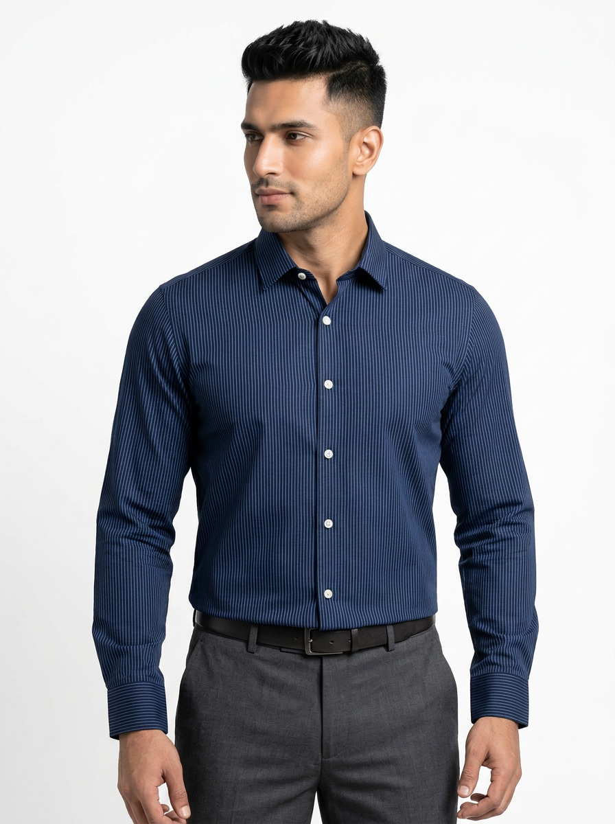 Men's Navy Blue Pinstripe Formal Shirt Regular Fit | Full & Half Sleeve Secondary image