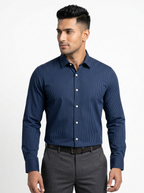 Men's Navy Blue Pinstripe Formal Shirt Regular Fit | Full & Half Sleeve