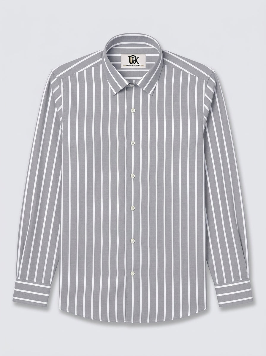 Men's Grey & White Vertical Striped Regular Fit Formal Shirt | Full & Half Sleeve